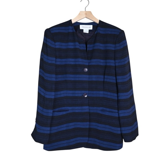 Jones New York Women's 14 Blue Black 2 Button Front Lined Silk Blazer - Picture 1 of 9